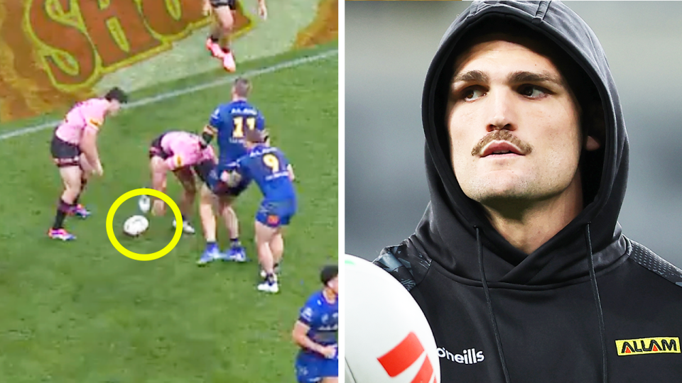 The Panthers have been singled out for their tactics against the Eels with Nathan Cleary (pictured right) and his teammates shown speeding up the play-the-ball. (Images: Fox Sports/Getty Images)