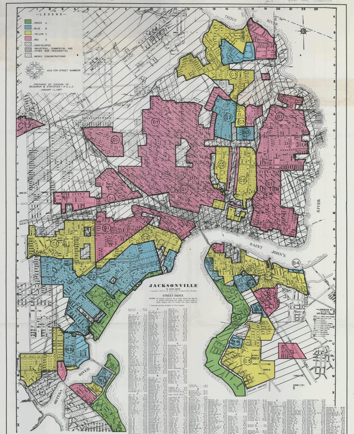 The key to this 1936 Residential Security Map of Jacksonville indicates areas of "negro concentration" that are clearly marked in red — a practice also known as "redlining."