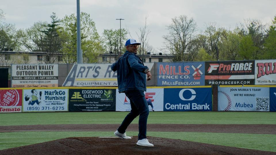 Thomas More graduate and Hall-of-Famer David Justice throws the ceremonial first pitch at the Saints' alumni day at Thomas More Stadium in Florence, KY on April 15, 2023.