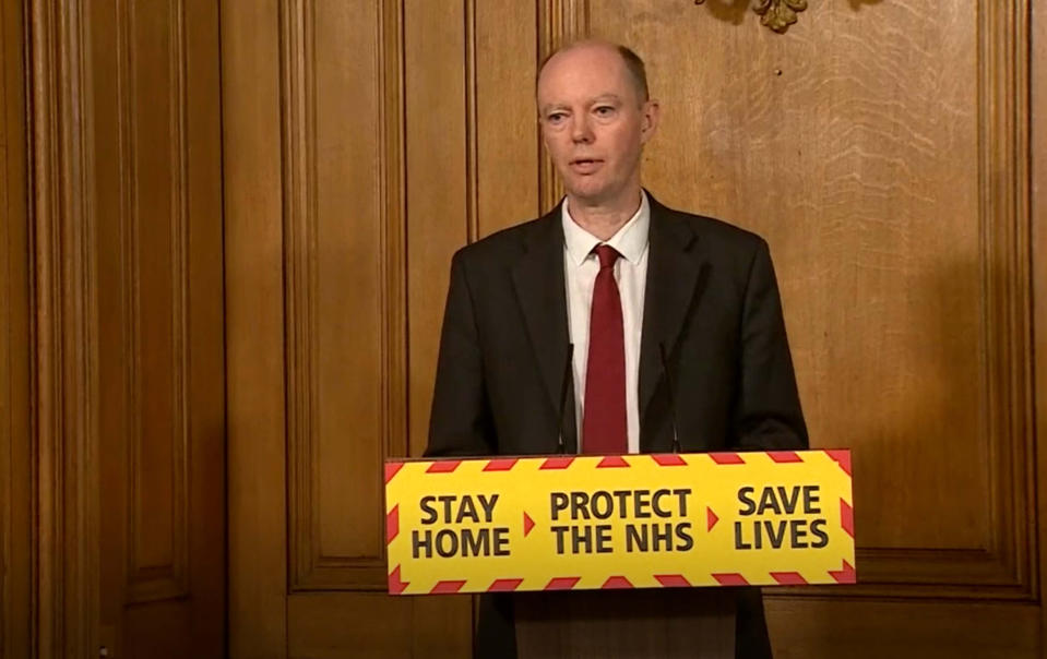 Screen grab of Chief Medical Officer Chris Whitty during a media briefing in Downing Street, London, on coronavirus (COVID-19). (Photo by PA Video/PA Images via Getty Images)