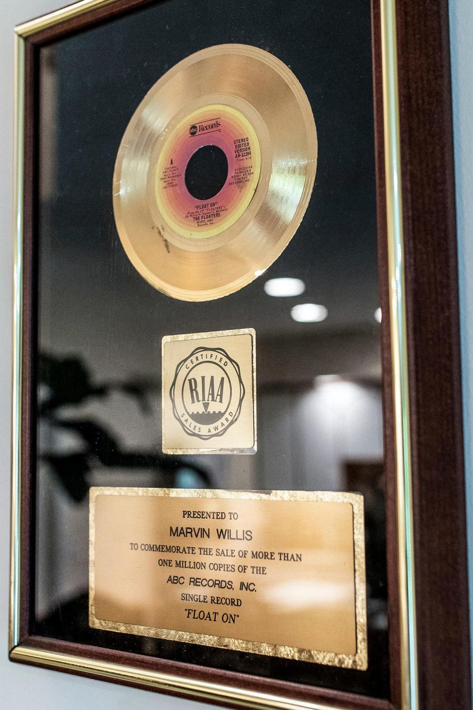 Gold record for commemorating the sale of more than 1 million copies of the song "Float On" at Marvin Willis' home in Farmington Hills on Tuesday, May 23, 2023.