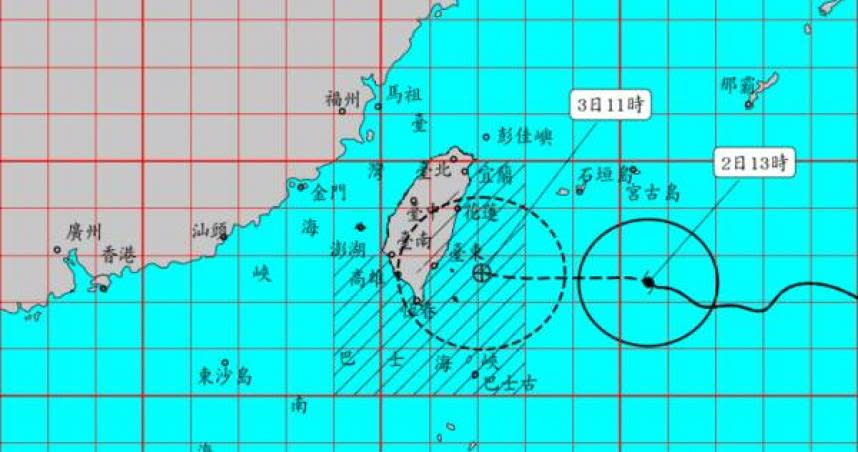 中颱「海葵」今（2日）下午2時的中心位置在北緯22.4度，東經125.4度。（圖／氣象局）