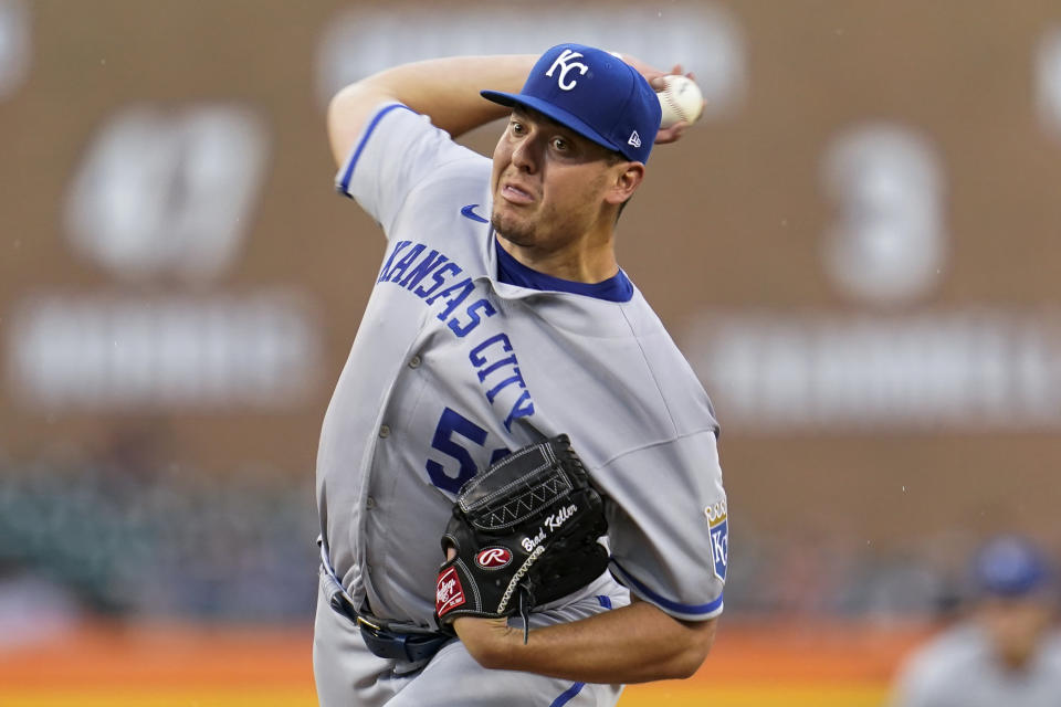 Kansas City Royals pitcher Brad Keller throw against the Detroit Tigers in the first inning of a baseball game in Detroit, Friday, July 1, 2022. (AP Photo/Paul Sancya)