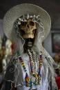 View of a figure of the Santa Muerte (Holy Death) dressed as a bride at a sanctuary in Santa Maria Cuautepec, Tultitlan, Mexico on February 7, 2016
