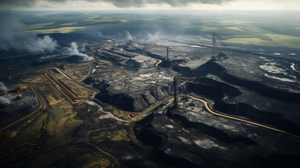 Aerial view of an opencast coal mine, its vastness conveying the magnitude of its operations.