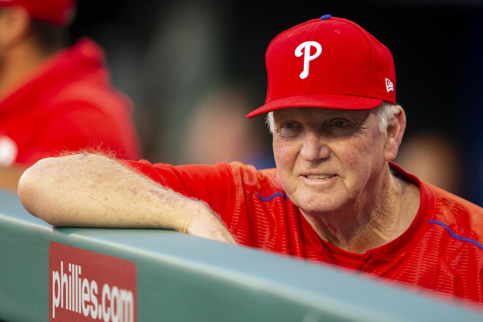 PHILADELPHIA, PA - AUGUST 26: Hitting coach Charlie Manuel #41 of the Philadelphia Phillies looks on against the Pittsburgh Pirates at Citizens Bank Park on August 26, 2019 in Philadelphia, Pennsylvania. (Photo by Mitchell Leff/Getty Images)