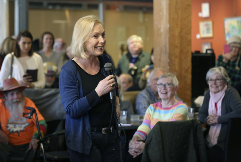 Democratic presidential candidate Sen. Kirsten Gillibrand, D-N.Y., speaks during a meet-and-greet event at Inspire Cafe in Dubuque, Iowa, on Tuesday, March 19, 2019. (Jessica Reilly/Telegraph Herald via AP)