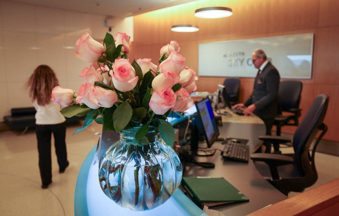 Fresh flowers adorns the counter of the expanded Sky Club lounge at Miami International Airport on Tuesday, April 9, 2024 in Miami, Florida.