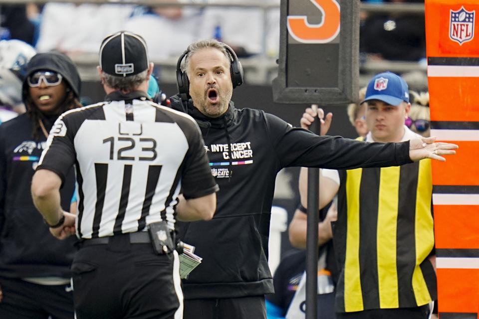 Carolina Panthers head coach Matt Rhule yells at line judge Mike Dolce during the first half an NFL football game against the San Francisco 49ers on Sunday, Oct. 9, 2022, in Charlotte, N.C. (AP Photo/Rusty Jones)