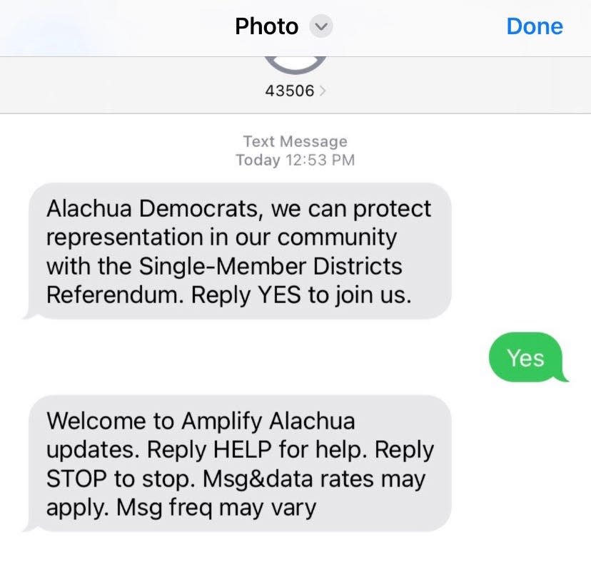 A text alert from Amplify Alachua, which is operated by a GOP-supporting political committee targeted Democrats to support a ballot measure pushed by conservatives.