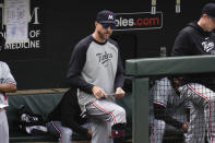 Minnesota Twins manager Rocco Baldelli looks on from the dugout during the seventh inning of a baseball game against the Baltimore Orioles, Wednesday, April 17, 2024, in Baltimore. The Orioles won 4-2. (AP Photo/Jess Rapfogel)