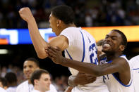 NEW ORLEANS, LA - MARCH 31: (R) Michael Kidd-Gilchrist #14 celebrates along with teammate Anthony Davis #23 of the Kentucky Wildcats in the second half against the Louisville Cardinals during the National Semifinal game of the 2012 NCAA Division I Men's Basketball Championship at the Mercedes-Benz Superdome on March 31, 2012 in New Orleans, Louisiana. (Photo by Ronald Martinez/Getty Images)