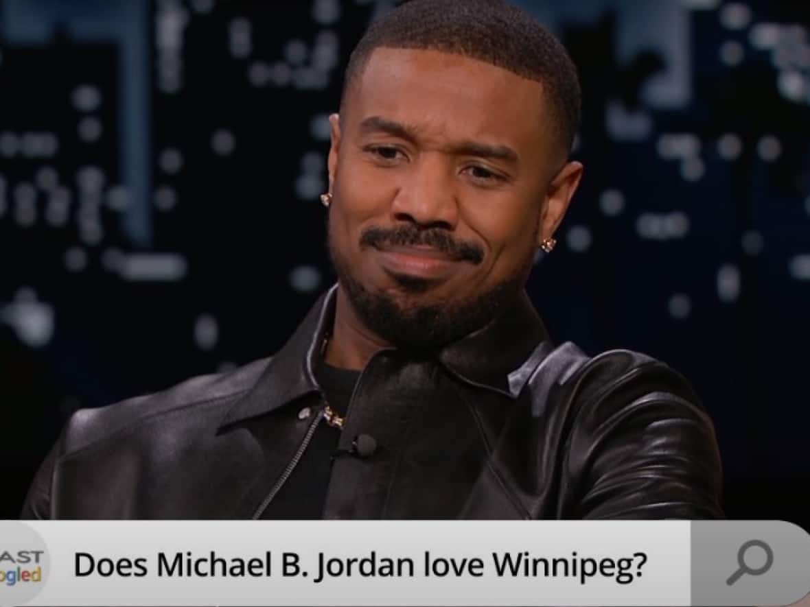 Michael B. Jordan answers the question about whether he loves Winnipeg with the answer: 'I don't not love Winnipeg.' (Jimmy Kimmel Live/YouTube - image credit)