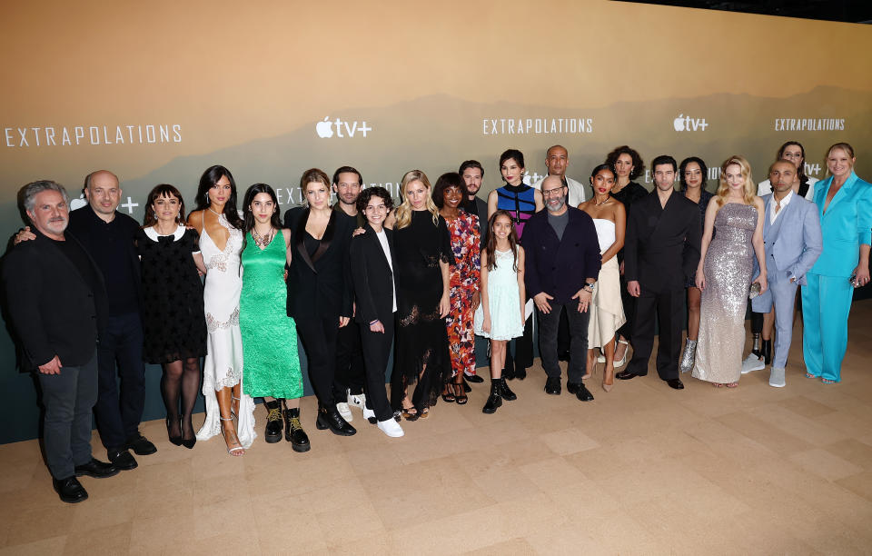 LOS ANGELES, CALIFORNIA - MARCH 14: (L-R) Michael Gandolfini, Michael Ellenberg, Mia Maestro, Eiza Gonz&#xe1;lez, Neska Rose, Tara Summers, Tobey Maguire, Joaopaulo Malheiro, Sienna Miller, Maame Yaa Boafo, Kit Harington, Bella Patel Sauer, Gemma Chan, Ben Harper, Scott Z. Burns, Yara Shahidi, Indira Varma, Tahar Rahim, Devika Bhise, Heather Graham, Gaz Choudhry and Lindsey Springer attend the Apple Original Series 