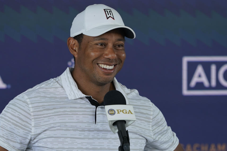 Tiger Woods speaks during a news conference at the PGA Championship golf tournament, Tuesday, May 17, 2022, in Tulsa, Okla. (AP Photo/Matt York)