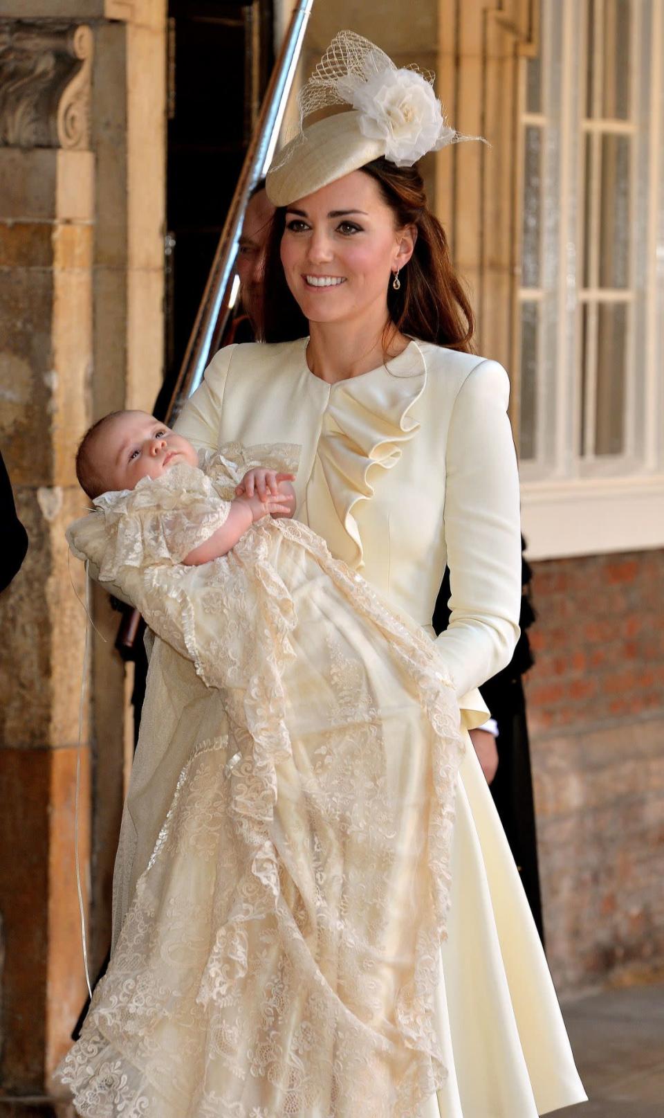 <p>The Duchess donned a lemon yellow Alexander McQueen look complete with a matching Jane Taylor hat for Prince George’s christening.</p><p><i>[Photo: PA]</i></p>