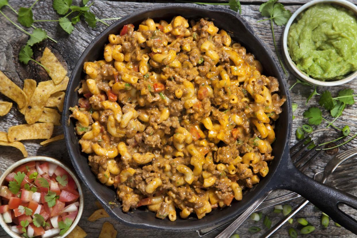 Creamy Beef Taco Macaroni and Cheese with Corn Chips