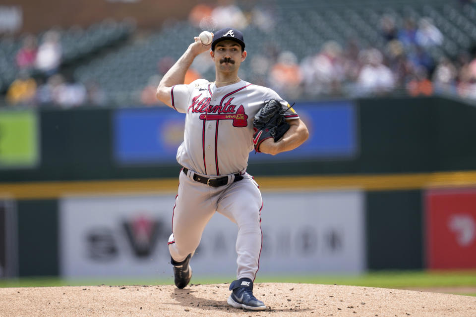 Atlanta Braves pitcher Spencer Strider throws against the Detroit Tigers in the first inning during the first baseball game of a doubleheader, Wednesday, June 14, 2023, in Detroit. (AP Photo/Paul Sancya)
