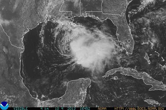 Tropical Storm Karen over the Gulf Coast as viewed by the GOES-East satellite on Oct. 4.