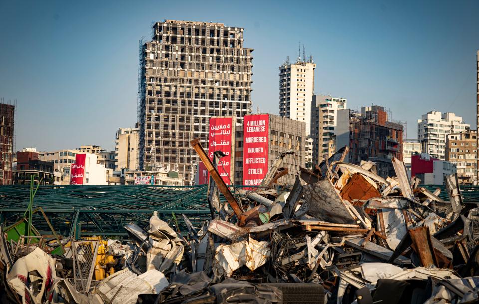 Posters reflecting the anger of Lebanon’s residents close to the wrecked Beirut port (Bel Trew)