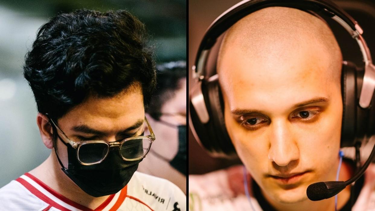 BOOM Esports' Fbz and Evil Geniuses' Arteezy look distraught after their got eliminated from The International 11 in Day 2 of its Main Event. (Photos: Valve Software)