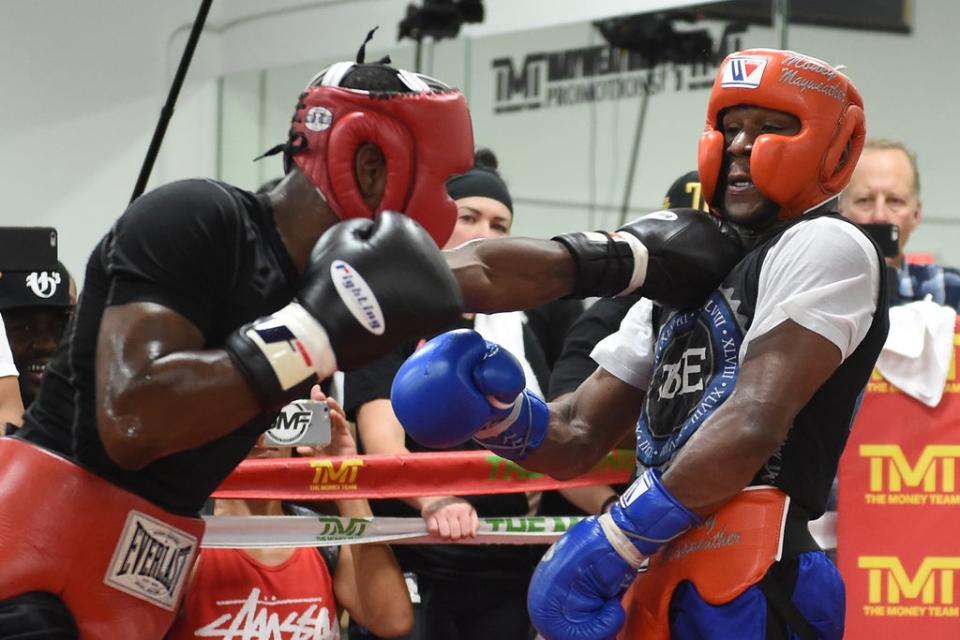 The pair sparred in a media workout ahead of Mayweather’s fight with Andre Berto in 2015 (Getty Images)