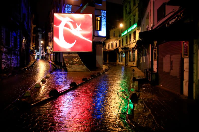 FILE PHOTO: Deserted street is seen at the popular touristic neighborhood of Beyoglu in Istanbul