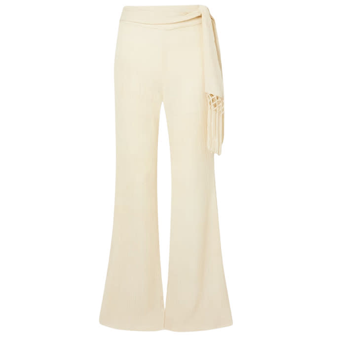 SAVANNAH MORROW Vea belted tasseled crinkled silk and bamboo-blend pants