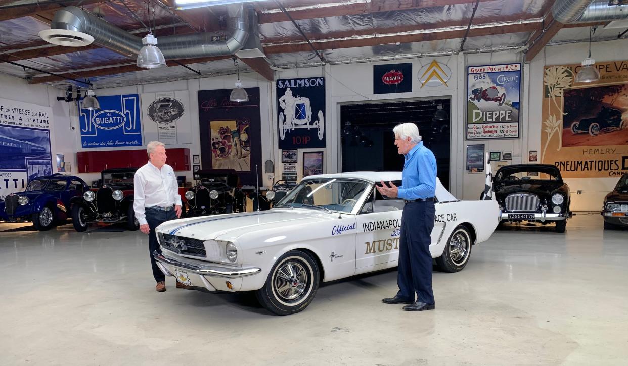 Bill Ford with Jay Leno on Thursday, April 18, 2024, at Leno's garage in California as Ford shows him his favorite Mustang as the iconic pony car celebrated the 60th anniversary of its debut on April 17.