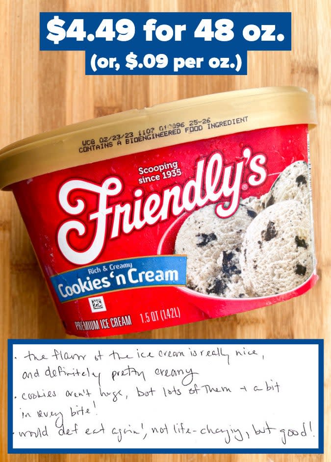 Friendly's ice cream with text that reads, "cookies aren't huge, but lots of them and a bit in every bite!"