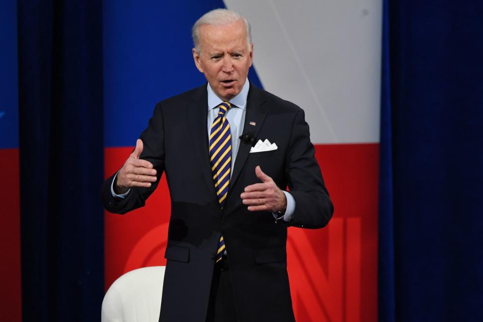 US President Joe Biden participates in a CNN town hall at the Pabst Theater in Milwaukee, Wisconsin, February 16, 2021. (Photo by SAUL LOEB / AFP) (Photo by SAUL LOEB/AFP via Getty Images)