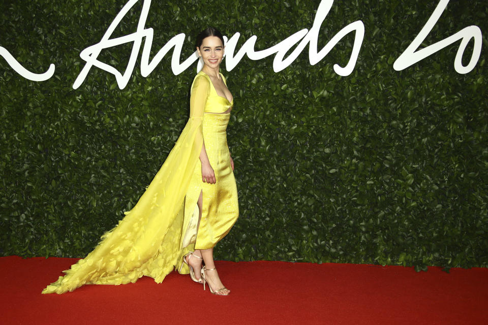 Actress Emilia Clarke poses for photographers upon arrival at the British Fashion Awards in central London, Monday, Dec. 2, 2019. (Photo by Joel C Ryan/Invision/AP)