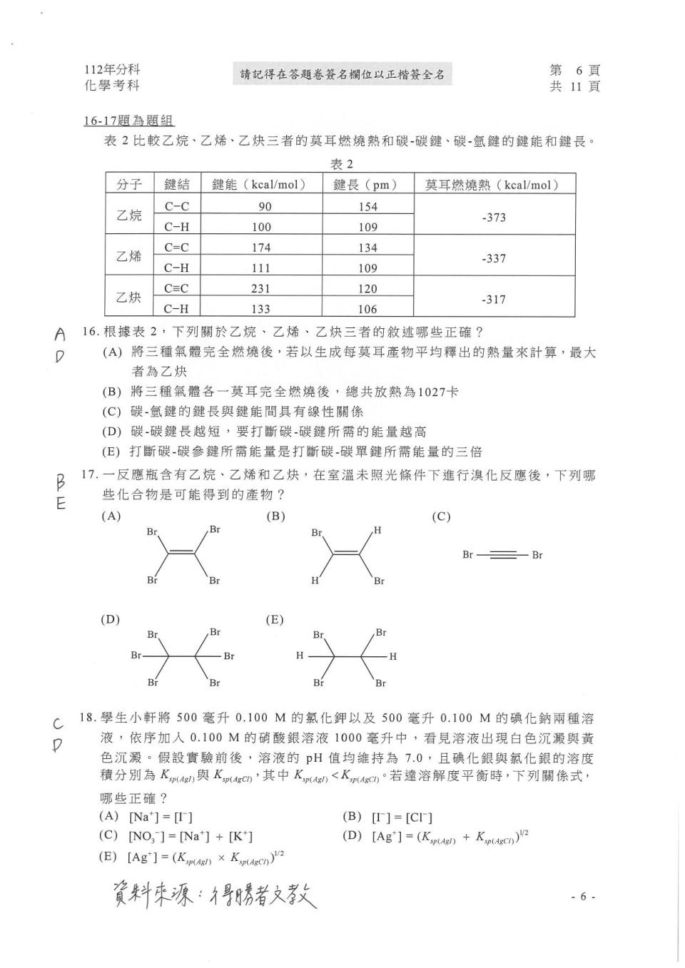 大學分科測驗化學科試題參考解答。（圖／得勝者文教提供）