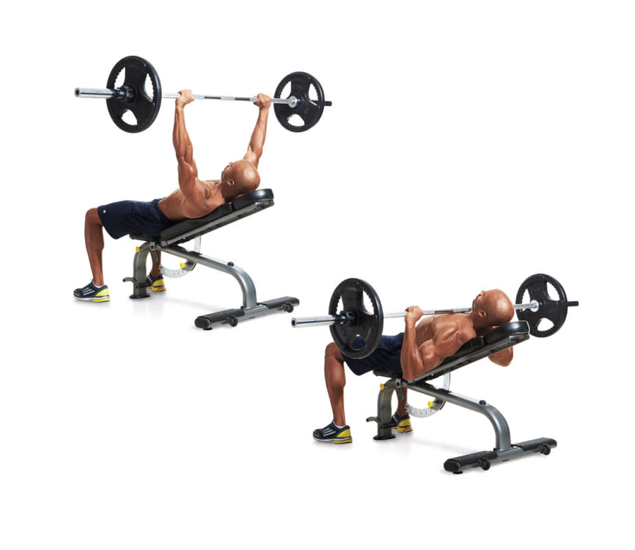 How to do it:<ul><li>Set an adjustable bench to a 30- to 45-degree angle and lie back on it.</li><li>Grasp the bar just outside shoulder width, arch your back, and pull it off the rack.</li><li>Lower the bar to the upper part of your chest and then drive your feet into the floor as you press it back up.</li></ul>