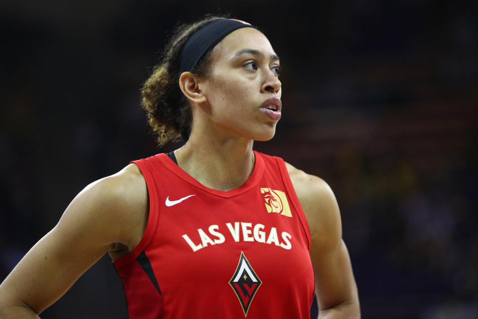 SEATTLE, WASHINGTON - JULY 19: Dearica Hamby #5 of the Las Vegas Aces reacts against the Seattle Storm in the first quarter during their game at Alaska Airlines Arena on July 19, 2019 in Seattle, Washington. NOTE TO USER: User expressly acknowledges and agrees that, by downloading and or using this photograph, User is consenting to the terms and conditions of the Getty Images License Agreement. Mandatory Copyright Notice: Copyright 2019 NBAE  (Photo by Abbie Parr/Getty Images)