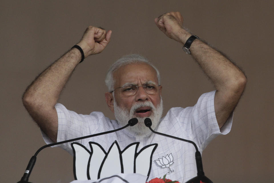 Indian Prime Minister Narendra Modi speaks at an election campaign in Kolkata, India, Wednesday, April 3, 2019. India's general elections will be held in seven phases from April 11 to May 19. (AP Photo/Bikas Das)