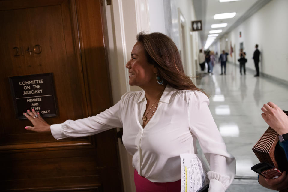 Rep. Veronica Escobar, D-Texas, enters the committee room for a mock hearing on Capitol Hill Tuesday, July 23, 2019, in Washington. Special counsel Robert Mueller will testify to the committee on Wednesday. (AP Photo/Alex Brandon)