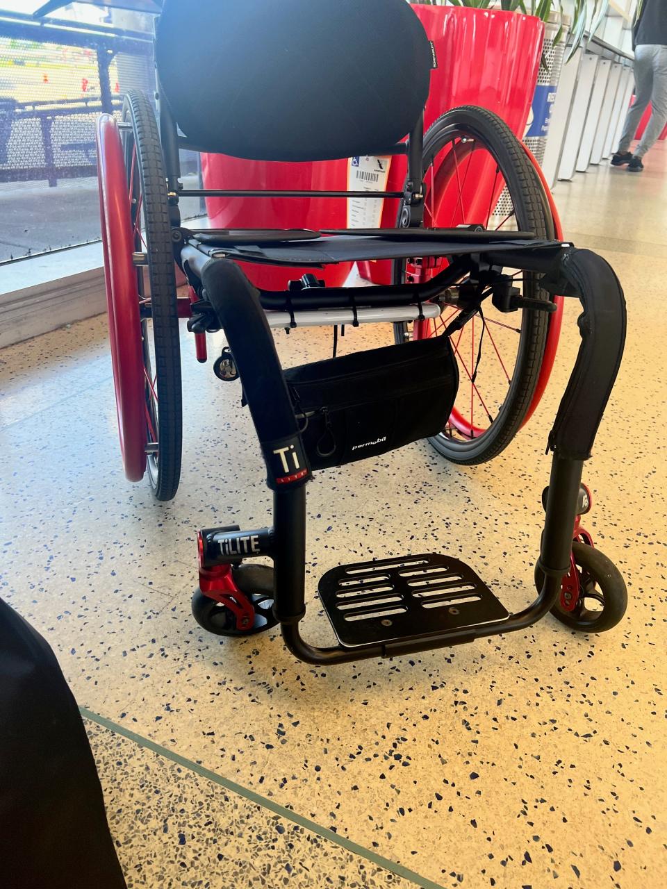 Damage to Stephanie Groce's wheelchair after it was dropped in Philadelphia.