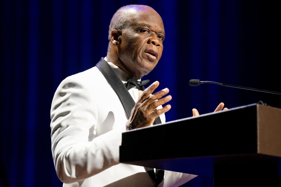 Fisk Jubilee Singers musical director Dr. Paul Kwami speaks during a performance at the Ryman Auditorium in Nashville, Tenn., Tuesday, June 28, 2022.