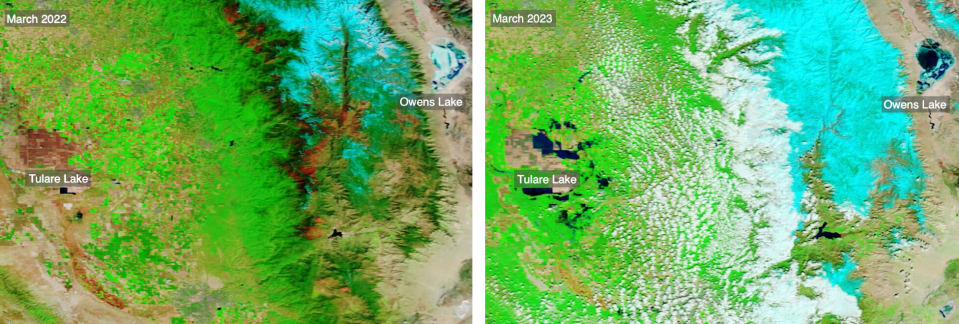 Tulare Lake and Owens Lake in March 2022 and March 2023, after being partially refilled by floodwaters. Yale Environment 360 / NASA