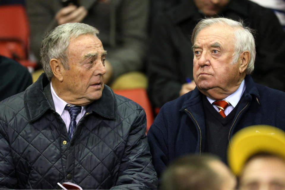 Former Liverpool player Ian St John (l) with Jimmy Tarbuck in the stands at Anfield