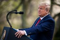 U.S. President Donald Trump speaks during a news conference in the Rose Garden of the White House