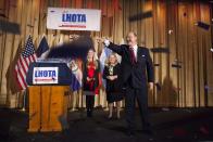 Republican Mayoral candidate Joe Lhota speaks after winning the Republican nomination for New York City mayor as his wife Tamara (C) and daughter Kathryn (L) look on in New York, September 10, 2013. (REUTERS/Keith Bedford)