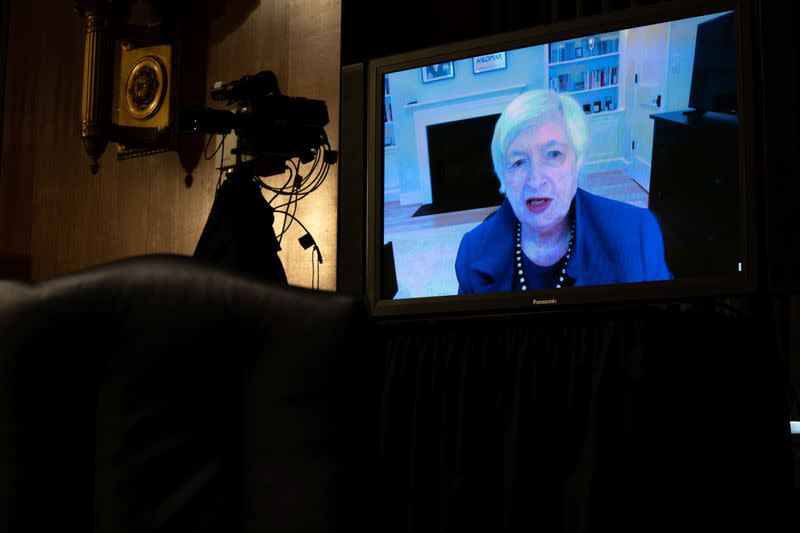 Yellen participates remotely in a Senate Finance Committee hearing in Washington