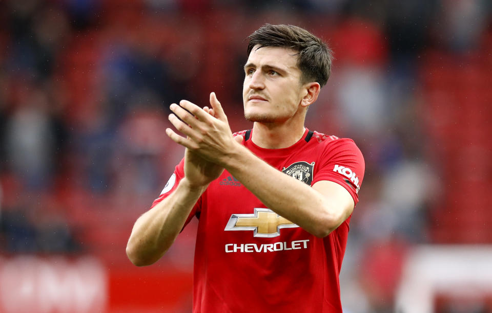 Manchester United's Harry Maguire applauds the fans after the Premier League match at Old Trafford, Manchester. (Photo by Martin Rickett/PA Images via Getty Images)