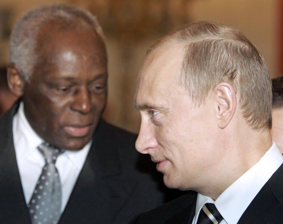 CAPTION CORRECTS AGE - FILE — Russian president Vladimir Putin greets Angolan President Jose Eduardo dos Santos prior to their talks in the Kremlin, Moscow Tuesday, Oct. 31, 2006. Former Angolan president Jose Eduardo dos Santos has died in a clinic in Barcelona, Spain after an illness, the Angolan government said. He was 79 years old and died following a long illness, the government said Friday, July 8, 2022 in an announcement on its Facebook page. (ITAR-TASS, Presidential Press Service, file)