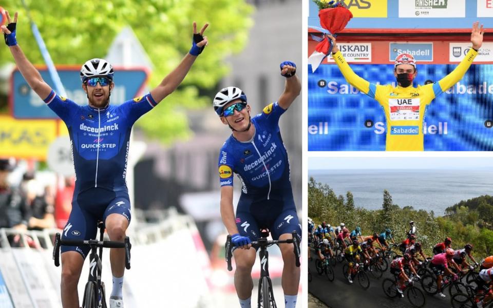 Josef Cerny (left to right, clockwise), Mikkel Honore and Brandon McNulty — Brandon McNulty on verge of Tour of Basque Country win after Mikkel Honore seals Deceuninck-Quick Step one-two - GETTY IMAGES