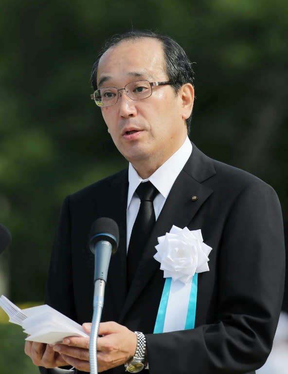 Hiroshima Mayor Kazumi Matsui delivers a speech during the 71st memorial service for the A-bomb victims, at the Peace Memorial Park, on August 6, 2016