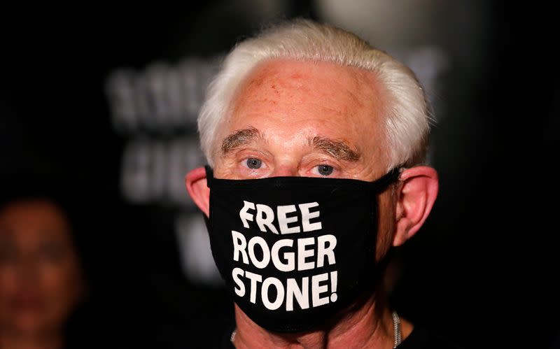 Roger Stone reacts after Trump commuted his federal prison sentence in Fort Lauderdale