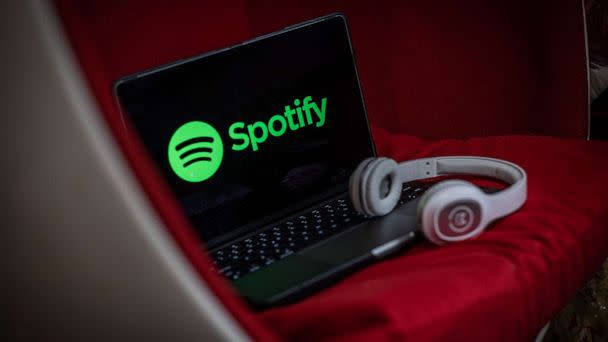 PHOTO: The Spotify logo on a laptop computer arranged in Hastings-on-Hudson, NY, Jan. 25, 2023. (Tiffany Hagler-Geard/Bloomberg via Getty Images)